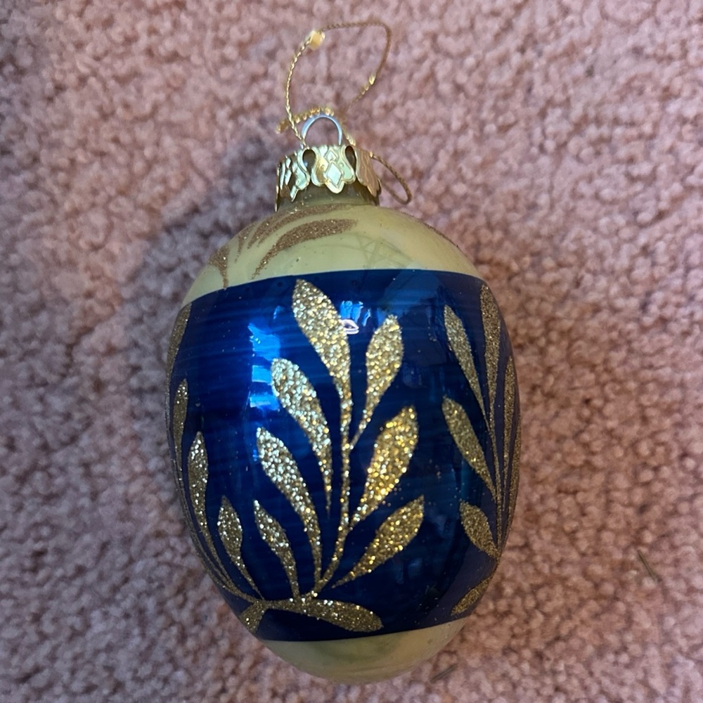 VTG Christmas Ornament Rich BLUE Glass Gold Mica Glitter Leaves